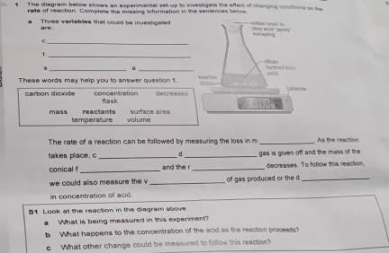 The diagram below shows an experimental set-up to investigate the effect of changing conditions on the 
rate of reaction. Complete the missing information in the semences betow. 
Three verlables that could be investgaied 
are: 
_ G
_ 
s _a 
These words may help you to answer question 1. 
carbon dioxide concentration fask decreases 
reactants 
mass temperature volume surface area 
The rate of a reaction can be followed by measuring the loss in m _As the reaction 
takes place, c d _gas is given off and the mass of the 
conical f _and the r _decreases. To follow this reaction, 
we could also measure the v _of gas produced or the d 
_ 
in concentration of acid. 
51 Look at the reaction in the disgram above 
What is being measured in this experiment? 
What happens to the concentration of the acid as the reaction proceeds? 
What other change could be measured to follow this reaction?