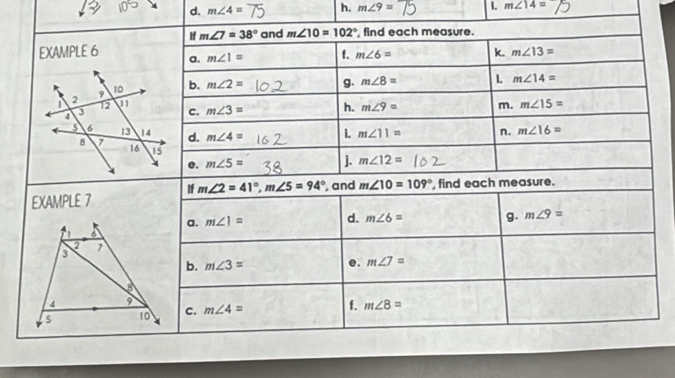 d. m∠ 4= h. m∠ 9= 1. m∠ 14=