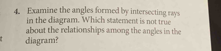 Examine the angles formed by intersecting rays 
in the diagram. Which statement is not true 
about the relationships among the angles in the 
t diagram?