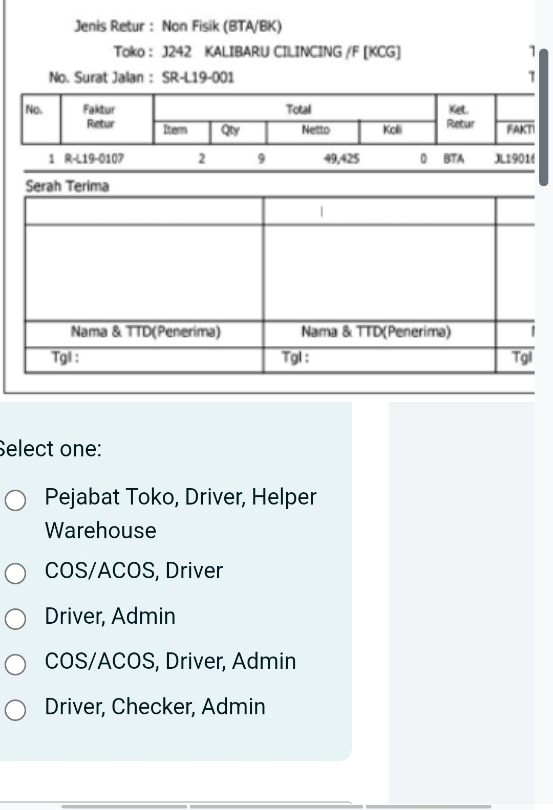 Telah dijawab:Jenis Retur : Non Fisik (BTA/BK) Toko : J242 KALIBARU ...