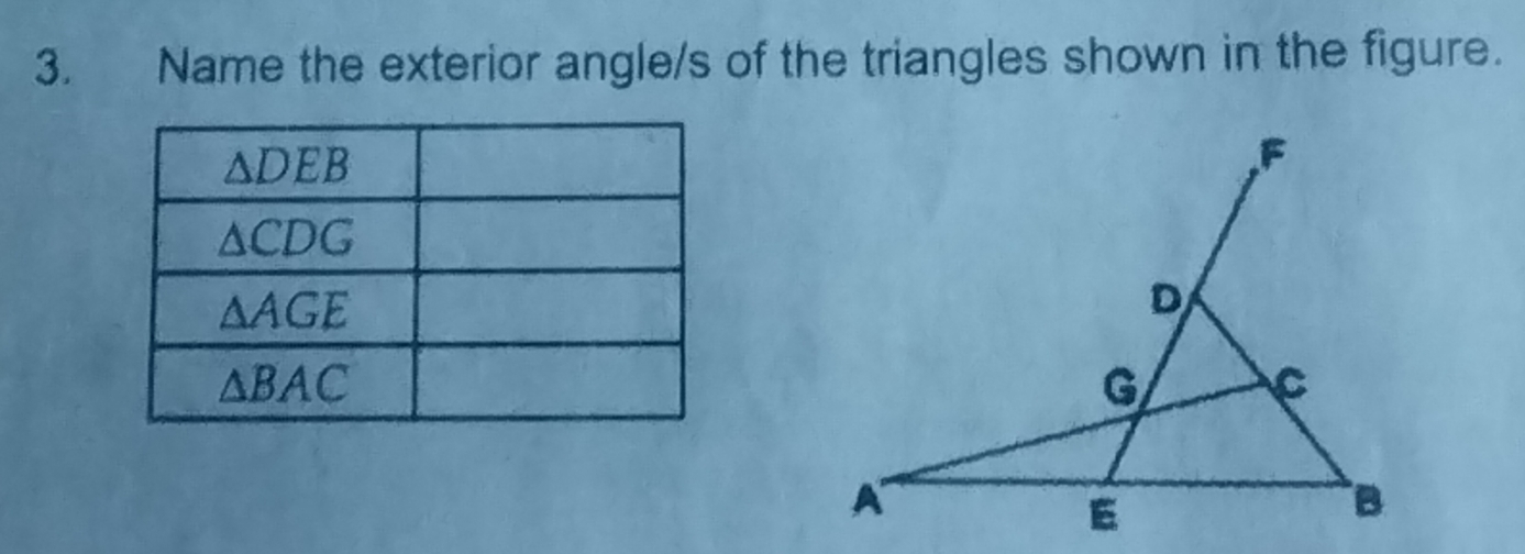 Name the exterior angle/s of the triangles shown in the figure.