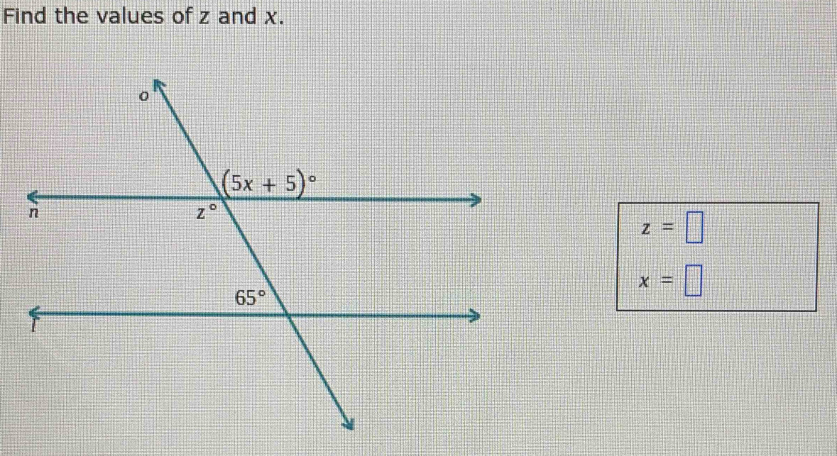 Find the values of z and x.
z=□
x=□