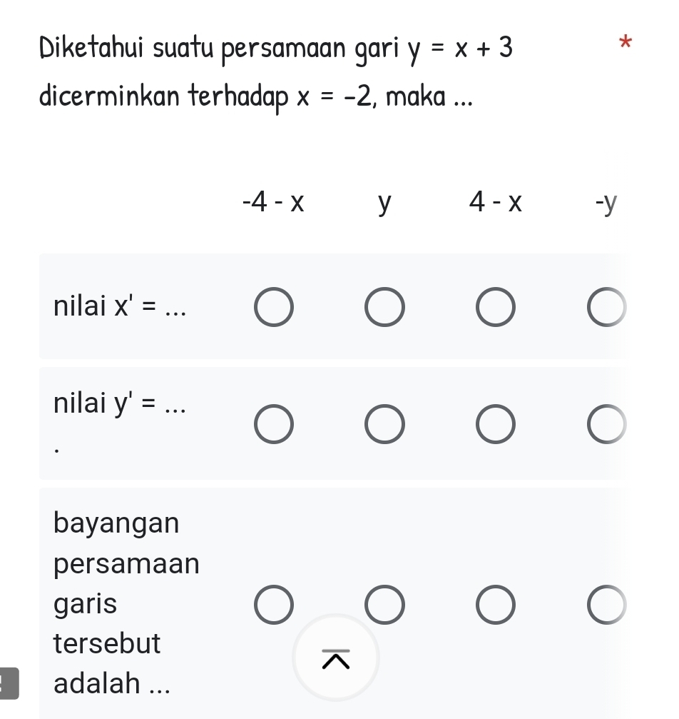 Diketahui suatu persamaan gari y=x+3
*
dicerminkan terhadap x=-2 , maka ...
bayangan
persamaan
garis
tersebut
adalah ...