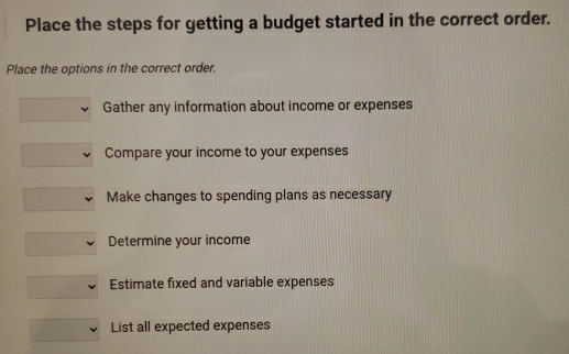 Place the steps for getting a budget started in the correct order.
Place the options in the correct order.
Gather any information about income or expenses
Compare your income to your expenses
Make changes to spending plans as necessary
Determine your income
Estimate fixed and variable expenses
List all expected expenses