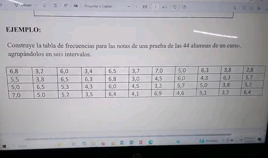 Dibujar Q T A Preguntar a Copilot 1 . . 3 de 5
EJEMPLO: 
Construye la tabla de frecuencias para las notas de una prueba de las 44 alumnas de un curso 
agrupándolos en seis intervalos. 
0 Humedad 
Buscar