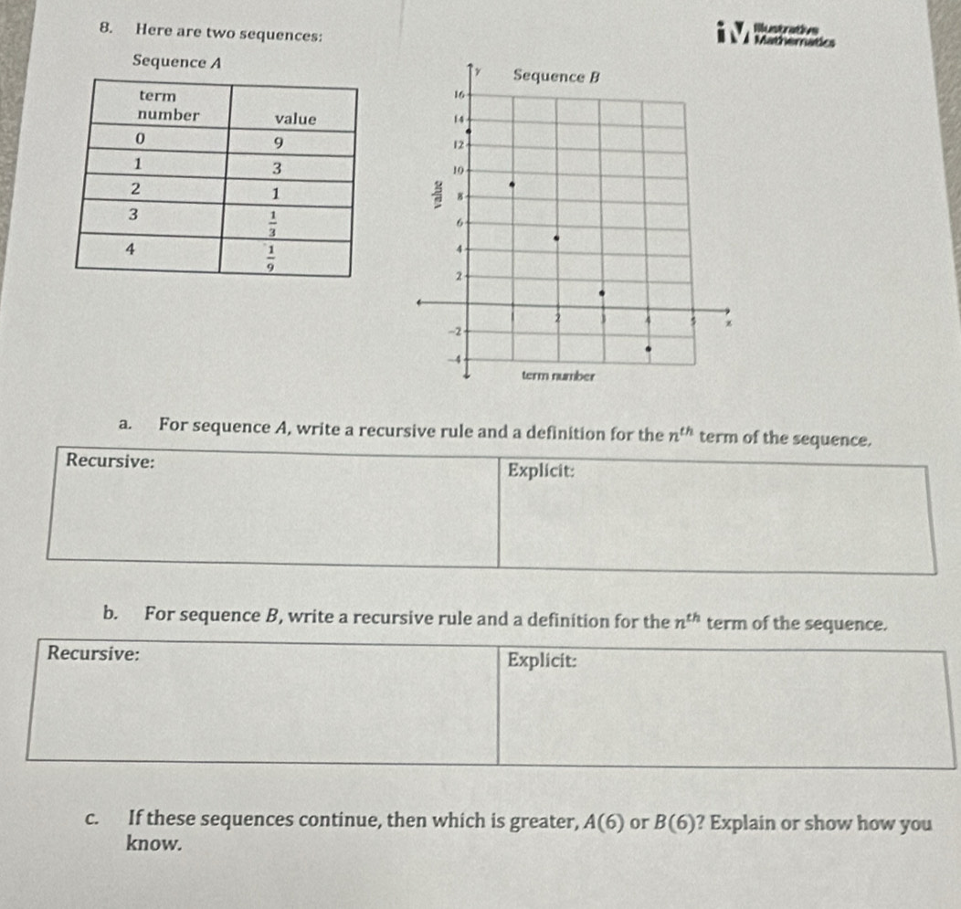 Here are two sequences:
a. For sequence A, write a recursive rule and a definition for the n^(th) term of the sequence.
Recursive: Explicit:
b. For sequence B, write a recursive rule and a definition for the n^(th) term of the sequence.
Recursive: Explicit:
c. If these sequences continue, then which is greater, A(6) or B(6) ? Explain or show how you
know.