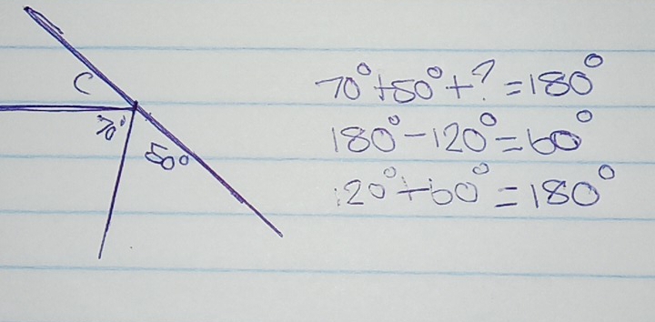 C
70°+50°+?=180°
30°
50°
180°-120°=60°
20°/ 60°=180°