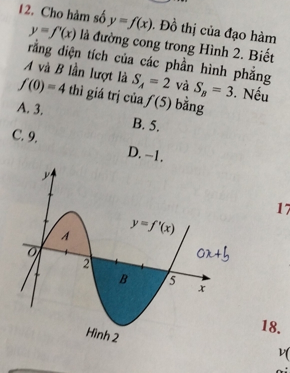 Cho hàm số y=f(x).  Đồ thị của đạo hàm
y=f'(x) là đường cong trong Hình 2. Biết
rằng diện tích của các phần hình phẳng
A và B lần lượt là S_A=2 và S_B=3. Nếu
f(0)=4 thì giá trị của f(5) bằng
A. 3. B. 5.
C. 9.
D. −1.
17
18.
v(