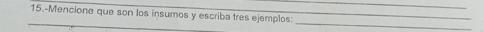 15.-Mencione que son los insumos y escriba tres ejemplos: 
_ 
_