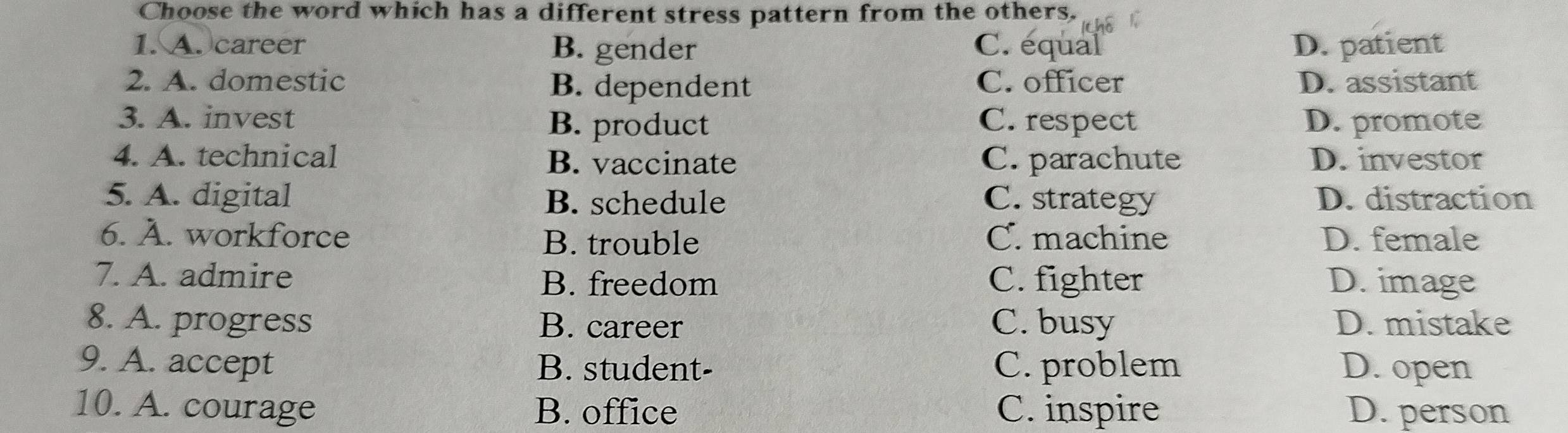 Choose the word which has a different stress pattern from the others.
1. A. career B. gender C. equal D. patient
2. A. domestic B. dependent C. officer D. assistant
3. A. invest B. product C. respect D. promote
4. A. technical B. vaccinate C. parachute D. investor
5. A. digital B. schedule C. strategy D. distraction
6. A. workforce C. machine D. female
B. trouble
7. A. admire C. fighter D. image
B. freedom
8. A. progress B. career C. busy D. mistake
9. A. accept B. student- C. problem D. open
10. A. courage B. office C. inspire D. person