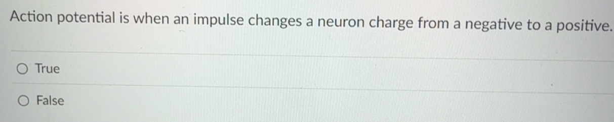 Solved: Action potential is when an impulse changes a neuron charge ...