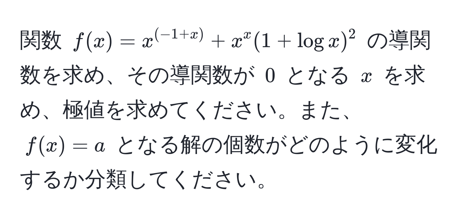 関数 $f(x) = x^((-1+x)) + x^(x (1 + logx))^2$ の導関数を求め、その導関数が $0$ となる $x$ を求め、極値を求めてください。また、$f(x) = a$ となる解の個数がどのように変化するか分類してください。