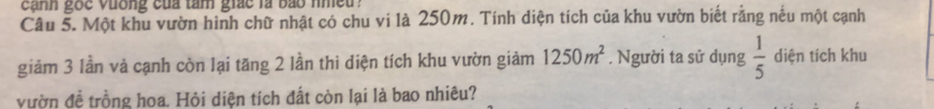 canh goe vuơng của tâm giác là bảo nmeu ? 
Câu 5. Một khu vườn hình chữ nhật có chu vi là 250m. Tính diện tích của khu vườn biết rằng nếu một cạnh 
giảm 3 lần và cạnh còn lại tăng 2 lần thi diện tích khu vườn giảm 1250m^2. Người ta sử dụng  1/5  diện tích khu 
vườn đề trồng hoa. Hỏi diện tích đất còn lại là bao nhiêu?