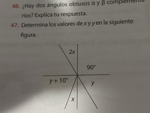 ¿Hay dos ángulos obtusos α y β complement
rios? Explica tu respuesta.
47. Determina los valores de x yyen la siguiente
figura.