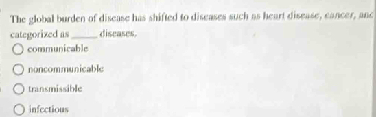 The global burden of disease has shifted to diseases such as heart disease, cancer, and
categorized as_ discases.
communicable
noncommunicable
transmissible
infectious