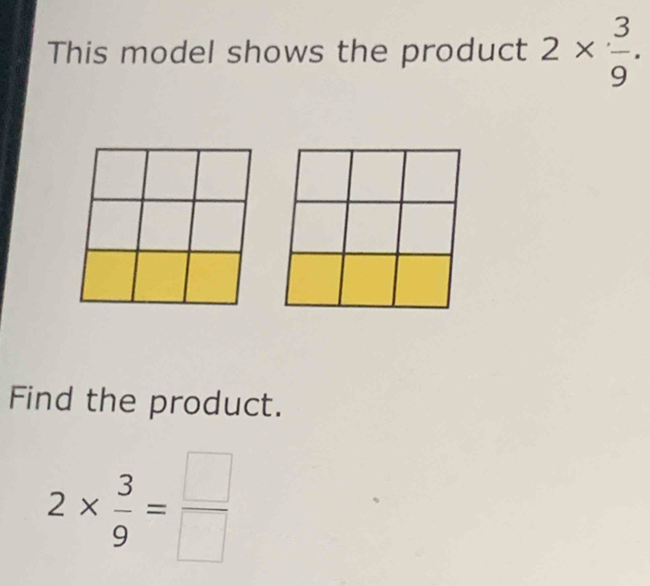 This model shows the product 2*  3/9 . 
Find the product.
2*  3/9 = □ /□  