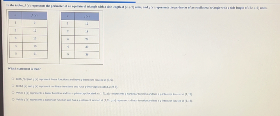 In the tables, f(x) represents the perimeter of an equilateral triangle with a side length of (x+2) units, and g(x) represents the perimeter of an equilateral triangle with a side length of (2x+2) units.
 
 
 
 
 
 
Which statement is true?
Both f(x) and g(x) represent linear functions and have y-intercepts located at(0,6).
Bot! f(x) and g(x) represent nonlinear functions and have y-intercepts located at (0,6).
While f(x) represents a linear function and has a y-intercept located at (1,9),g(x) represents a nonlinear function and has a y-intercept located at (1,12).
While f(x) represents a nonlinear function and has a y-intercept located (1,9),g(x) represents a linear function and has a 9-intercept located at (1,12).