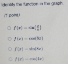 Identify the function in the graph.
(1 point)
f(x)=sin ( x/8 )
f(x)=cos (8x)
f(x)=sin (8x)
f(x)=cos (4x)