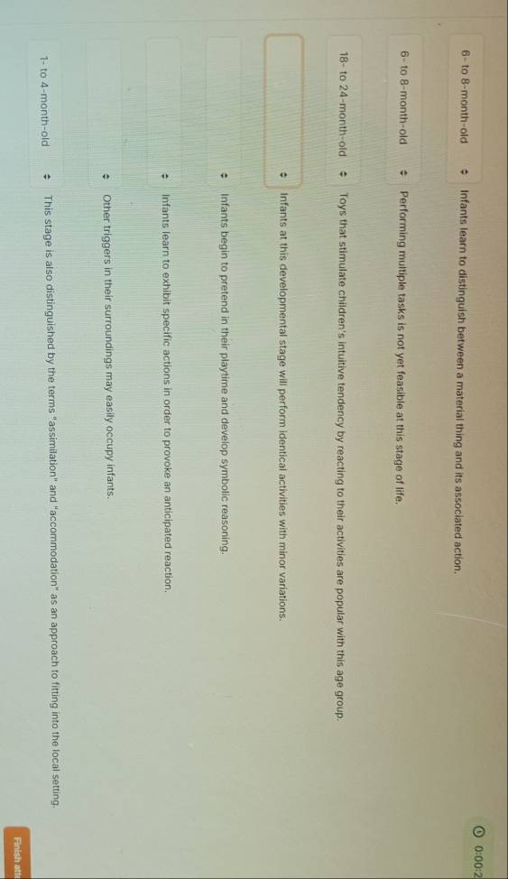 0:00:2
6 - to 8 -month-old Infants learn to distinguish between a material thing and its associated action,
6 - to 8-month-old Performing multiple tasks is not yet feasible at this stage of life.
18 - to 24-month-old Toys that stimulate children's intuitive tendency by reacting to their activities are popular with this age group. 
Infants at this developmental stage will perform identical activities with minor variations. 
Infants begin to pretend in their playtime and develop symbolic reasoning. 
Infants learn to exhibit specific actions in order to provoke an anticipated reaction 
Other triggers in their surroundings may easily occupy infants. 
1- to 4 -month-old This stage is also distinguished by the terms "assimilation" and "accommodation" as an approach to fitting into the local setting. 
Finish att
