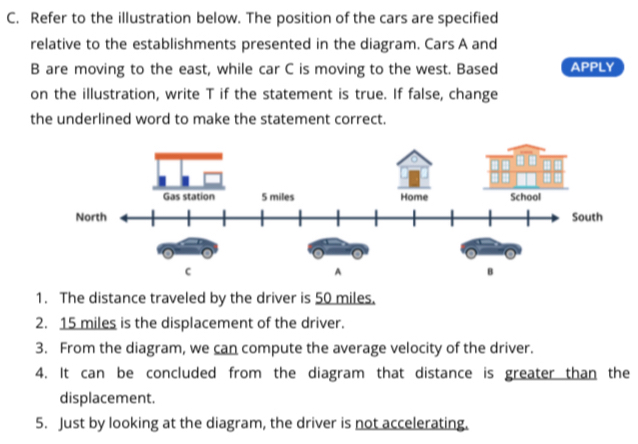 Refer to the illustration below. The position of the cars are specified 
relative to the establishments presented in the diagram. Cars A and 
B are moving to the east, while car C is moving to the west. Based APPLY 
on the illustration, write T if the statement is true. If false, change 
the underlined word to make the statement correct. 
1. The distance traveled by the driver is 50 miles. 
2. 15 miles is the displacement of the driver. 
3. From the diagram, we can compute the average velocity of the driver. 
4. It can be concluded from the diagram that distance is greater than the 
displacement. 
5. Just by looking at the diagram, the driver is not accelerating.