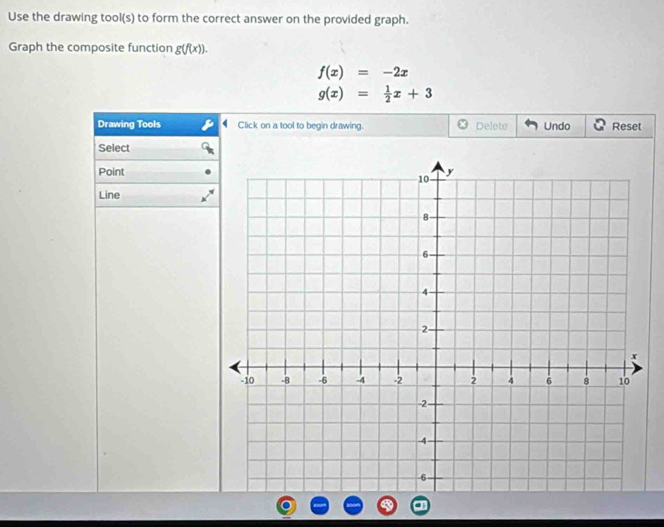 Use the drawing tool(s) to form the correct answer on the provided graph. 
Graph the composite function g(f(x)).
f(x)=-2x
g(x)= 1/2 x+3
Drawing Tools Click on a tool to begin drawing. Delete Undo Reset 
Select 
Point 
Line