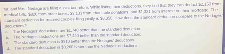 Mr. and Mrs. Nedage are filing a joint tax return. While listing their deductions, they find that they can deduct $2,150 from
medical bills, $826 from state taxes, $3,133 from charitable donations, and $1,331 from interest on their mortgage. The
standard deduction for married couples filing jointly is $8,350. How does the standard deduction compare to the Nedages'
deductions?
a. The Nedages’ deductions are $1,740 better than the standard deduction.
b. The Nedages' deductions are $7,440 better than the standard deduction.
c. The standard deduction is $910 better than the Nedages' deductions.
d. The standard deduction is $9,260 better than the Nedages' deductions.