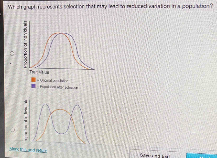 Which graph represents selection that may lead to reduced variation in a population? 
= Original population 
= Population after selection 
Mark this and return 
Save and Exit