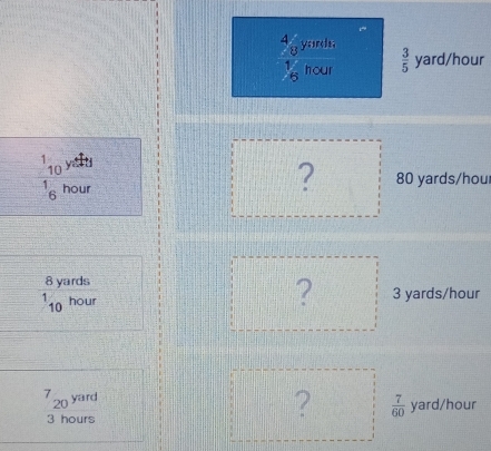 yarc, 
 3
frac 6 hour  3/5  yard/hour
you
frac 101_6 hour
? 80 yards/hou
8 yards
?
^1_10 hour 3 yards/hour
7 yard
?  7/60 
20 yard/hour
3 hours