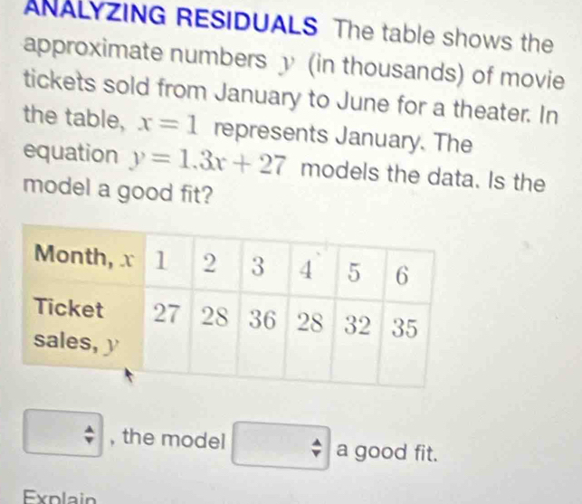 ANALYZING RESIDUALS The table shows the 
approximate numbers y (in thousands) of movie 
tickets sold from January to June for a theater. In 
the table, x=1 represents January. The 
equation y=1.3x+27 models the data. Is the 
model a good fit? 
, the model a good fit. 
Explain