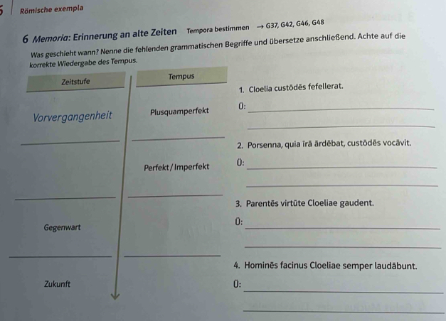 Römische exempla 
6 Memoria: Erinnerung an alte Zeiten Tempora bestimmen → G37, G42, G46, G48
Was geschieht wann? Nenne die fehlenden grammatischen Begriffe und übersetze anschließend. Achte auf die 
korrekte Wiedergabe des Tempus. 
Zeitstufe Tempus 
1. Cloelia custōdēs fefellerat. 
_ 
Vorvergangenheit Plusquamperfekt 0:_ 
_ 
_ 
2. Porsenna, quia īrā ārdēbat, custōdēs vocāvit. 
Perfekt / Imperfekt 0:_ 
_ 
_ 
_ 
3. Parentēs virtūte Cloeliae gaudent. 
0: 
Gegenwart 
_ 
_ 
_ 
_ 
4. Hominēs facinus Cloeliae semper laudābunt. 
_ 
Zukunft 0: 
_