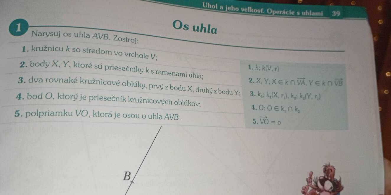 Uhol a jeho velkosť. Operácie s uhlami 39 
Os uhla 
1 Narysuj os uhla AVB. Zostroj: 
1. kružnicu k so stredom vo vrchole V; 
1. k; k(V,r)
2. body X, Y, ktoré sú priesečníky k s ramenami uhla; X, Y; X∈ k∩ vector VA, Y∈ k∩ vector VB
2. 
3. dva rovnaké kružnicové oblúky, prvý z bodu X, druhý z bodu Y; 3. k_1; k_1(X,r_1), k_2; k_2(Y,r_1)
4. bod O, ktorý je priesečník kružnicových oblúkov; 
4. O; O∈ k_1∩ k_2
5. polpriamku VO, ktorá je osou o uhla AVB. 
5. vector VO=0
B