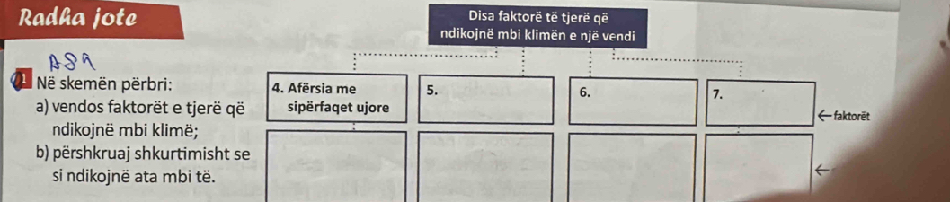 Radha jote 
Disa faktorë të tjerë që 
ndikojnë mbi klimën e një vendi 
1 * N skemën përbri: 4. Afërsia me 5. 
6. 
7. 
a) vendos faktorët e tjerë që sipërfaqet ujore < faktorët 
ndikojnë mbi klimë; 
b) përshkruaj shkurtimisht se 
si ndikojnë ata mbi të.