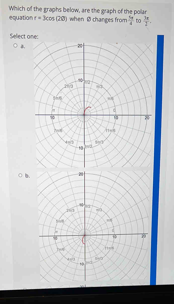 Which of the graphs below, are the graph of the polar
equation r=3cos (2varnothing ) when Ø changes from  5π /4  to  3π /2 .
Select
a.
b.