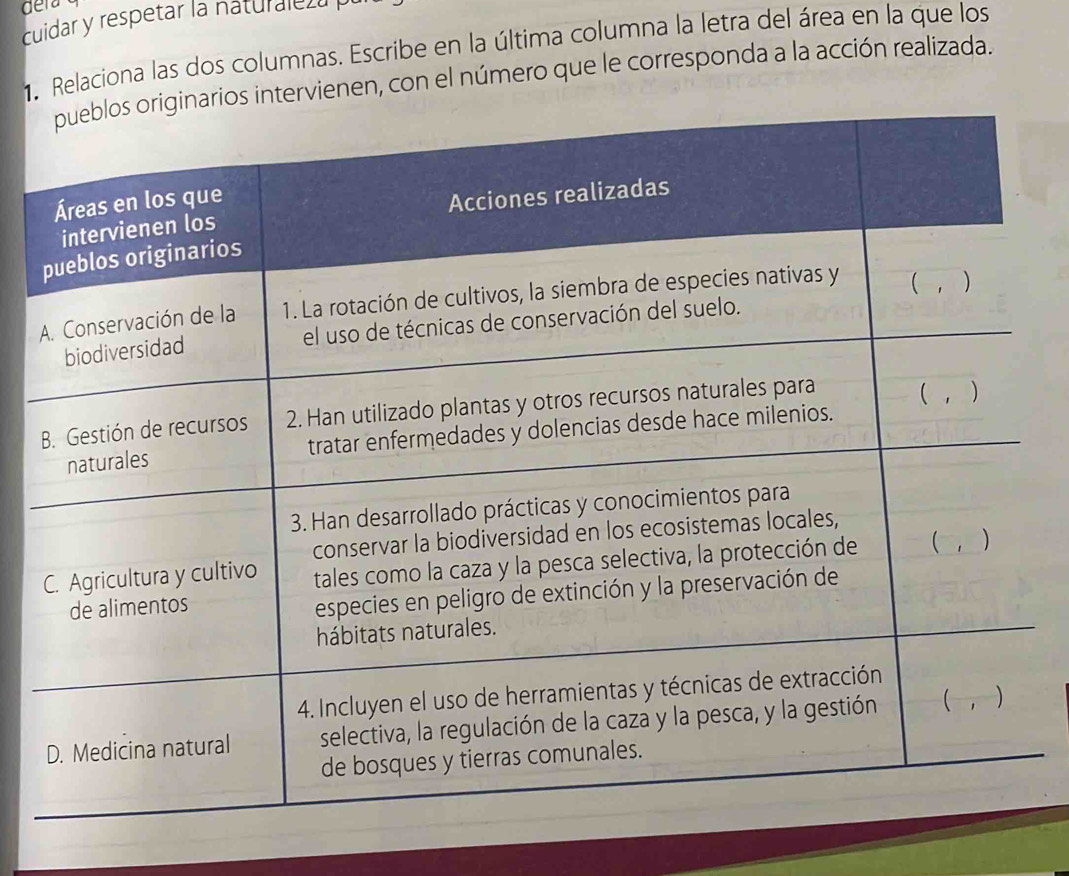 cuidar y respetar la naturale z 
1. Relaciona las dos columnas. Escribe en la última columna la letra del área en la que los 
rvienen, con el número que le corresponda a la acción realizada.