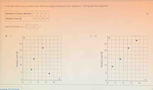 A ski club rents cross-country skis. Write an explicit formula for the sequence. Then graph the sequence
explicit formula: an=7+5n
A
B.