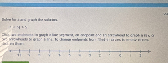 Vid 
Solve for s and graph the solution.
|s+5|>5
Click two endpoints to graph a line segment, an endpoint and an arrowhead to graph a ray, or 
two arrowheads to graph a line. To change endpoints from filled-in circles to empty circles, 
click on them.