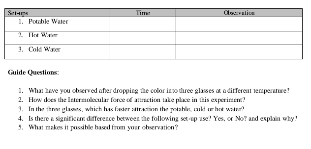 Guide Questions: 
1. What have you observed after dropping the color into three glasses at a different temperature? 
2. How does the Intermolecular force of attraction take place in this experiment? 
3. In the three glasses, which has faster attraction the potable, cold or hot water? 
4. Is there a significant difference between the following set-up use? Yes, or No? and explain why? 
5. What makes it possible based from your observation?