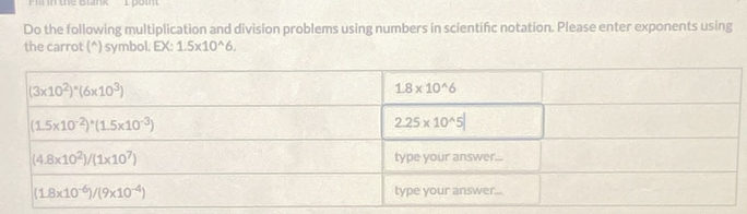 the Blank  I poi 
Do the following multiplication and division problems using numbers in scientific notation. Please enter exponents using
the carrot (^) symbol. EX: 1.5* 10^(wedge)6.