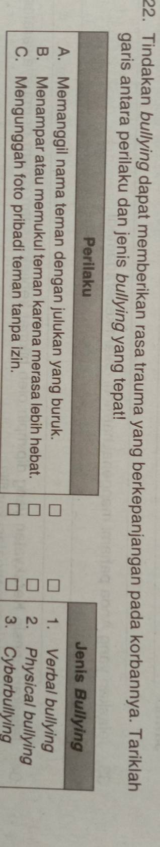 Tindakan bullying dapat memberikan rasa trauma yang berkepanjangan pada korbannya. Tariklah
garis antara perilaku dan jenis bullying yang tepat!
Perilaku Jenis Bullying
A. Memanggil nama teman dengan julukan yang buruk. 1. Verbal bullying
B. Menampar atau memukul teman karena merasa lebih hebat. 2. Physical bullying
C. Mengunggah foto pribadi teman tanpa izin. 3. Cyberbullying