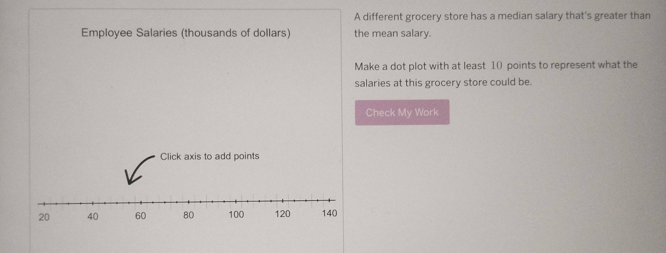 A different grocery store has a median salary that's greater than 
Employee Salaries (thousands of dollars) the mean salary. 
Make a dot plot with at least 10 points to represent what the 
salaries at this grocery store could be. 
Check My Work 
Click axis to add points
20 100 120 140
40
60
80