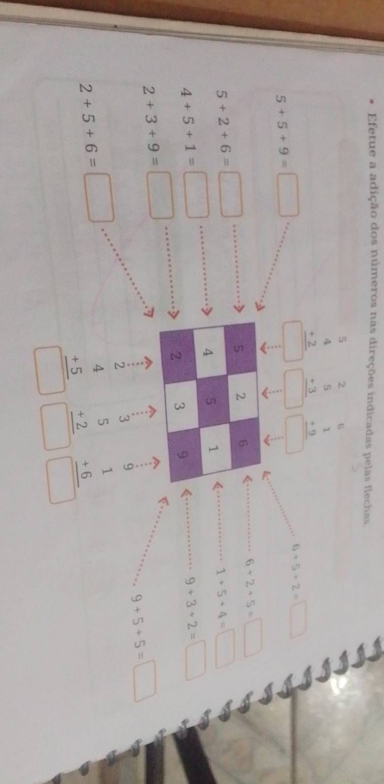 Efetue a adição dos números nas direções indicadas pelas flechas.
5+5+9=□
beginarrayr 5 4 +2 hline □ endarray beginarrayr 2 5 +3 hline □ endarray beginarrayr 6 1 +9 hline □ endarray
6+5+2=□
6+2+5=□
5+2+6=□
1+5+4=□
4+5+1=□
x^(frac 1)y^(frac 1)4
9+3+2=□
2+3+9=□
2+5+6=□
beginarrayr 2 4 +5 hline □ endarray beginarrayr  3/5  +2 hline □ endarray beginarrayr  7/9   1/6  hline □ endarray
9+5+5=□