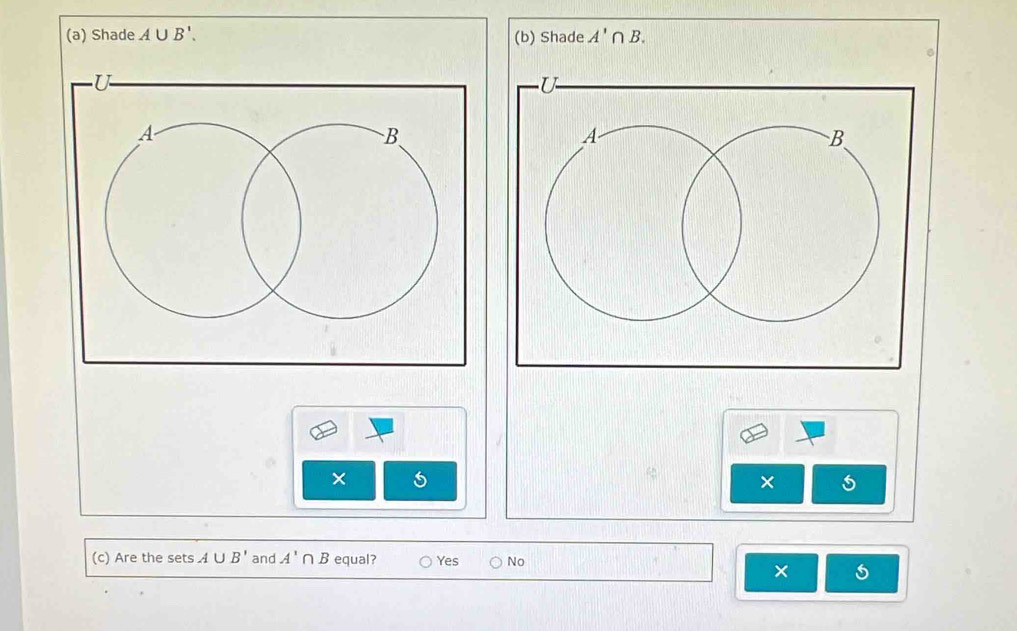 Shade A∪ B'. (b) Shade A'∩ B. 
×
×
(c) Are the sets A∪ B' and A'∩ B equal? Yes No
×