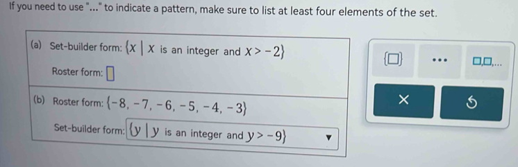 If you need to use "..." to indicate a pattern, make sure to list at least four elements of the set.
□  … □,□,...
×