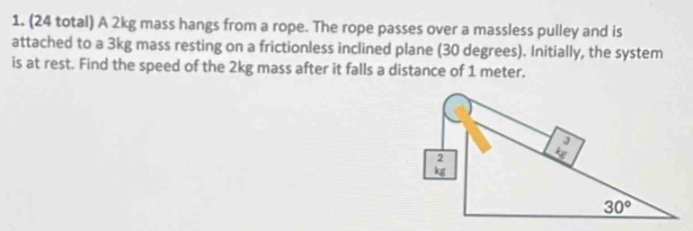 (24 total) A 2kg mass hangs from a rope. The rope passes over a massless pulley and is
attached to a 3kg mass resting on a frictionless inclined plane (30 degrees). Initially, the system
is at rest. Find the speed of the 2kg mass after it falls a distance of 1 meter.