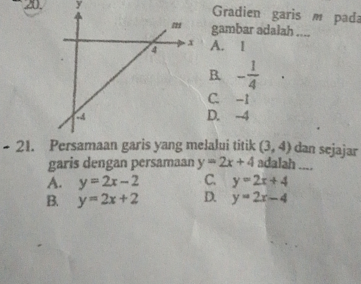 Gradien garis m pada
gambar adalah ....
A. I
B. - 1/4 
C. -1
D. -4
21. lalui titik (3,4) dan sejajar
garis dengan persamaan y=2x+4 adalah ....
A. y=2x-2 C. y=2x+4
D.
B. y=2x+2 y=2x-4