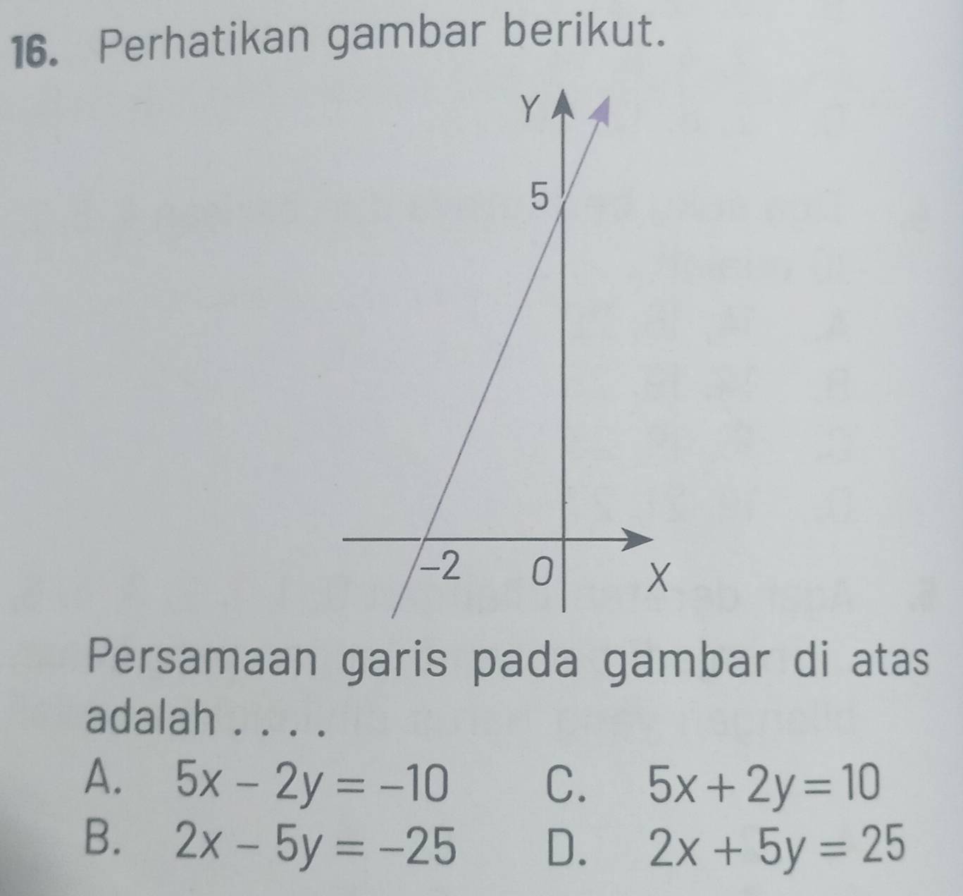 Perhatikan gambar berikut.
Persamaan garis pada gambar di atas
adalah . . . .
A. 5x-2y=-10 C. 5x+2y=10
B. 2x-5y=-25
D. 2x+5y=25