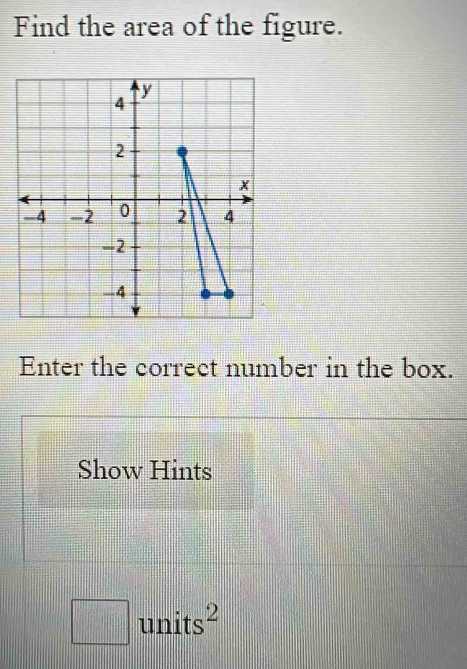 Find the area of the figure. 
Enter the correct number in the box. 
Show Hints
□ units²