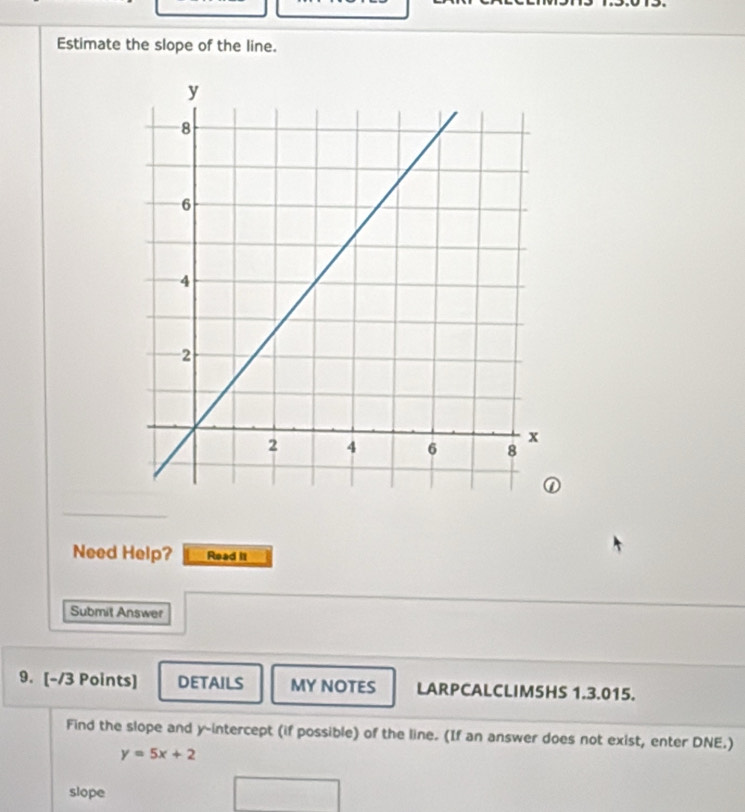 Estimate the slope of the line. 
Need Help? Read II 
Submit Answer 
9. [-/3 Points] DETAILS MY NOTES LARPCALCLIMSHS 1.3.015. 
Find the slope and y-intercept (if possible) of the line. (If an answer does not exist, enter DNE.)
y=5x+2
slope