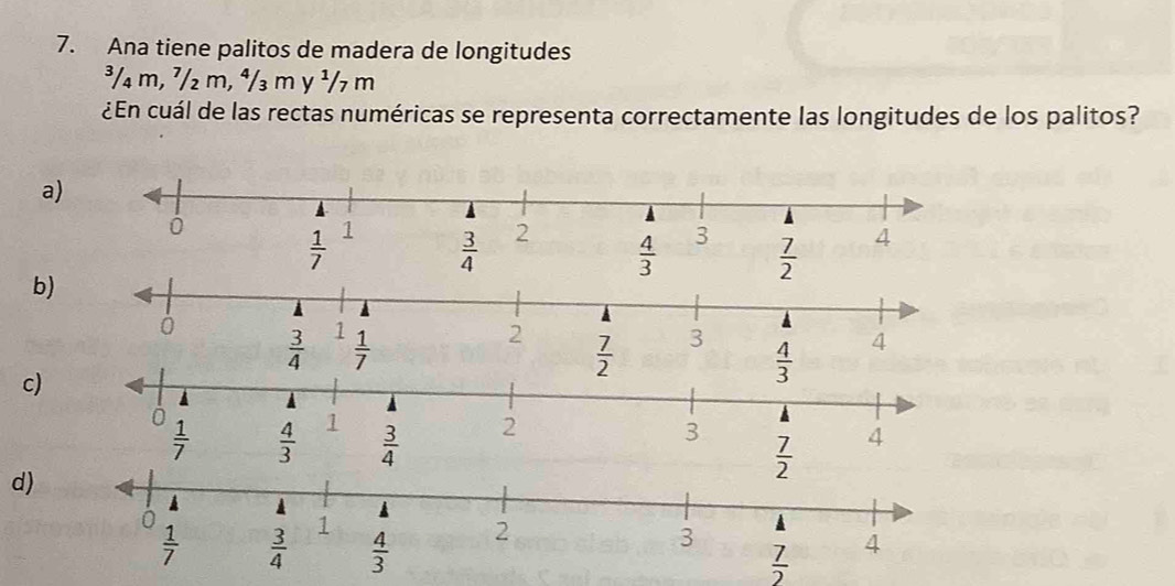 Ana tiene palitos de madera de longitudes
³/4 m, ²/² m, ⁴/₃ m y ¹/7 m
¿En cuál de las rectas numéricas se representa correctamente las longitudes de los palitos?
a)
b)
c)
d)
 7/2 