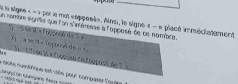 pose
et le signe « - » par le mot «opposé». Ainsi, le signe « - » placé immédiatement
un nombre signifie que l'on s'intéresse à l'opposé de ce nombre.
1) 5 se lit « l'opposé de 5 »,
2) a se lit « l'opposé de a ».
le
) ( 7) se lit « l'opposé de l'opposé de 7 ».
L droite numérique est utile pour comparer l'ordre
corsqu'on compare deux non
* Chnh cịh vct =